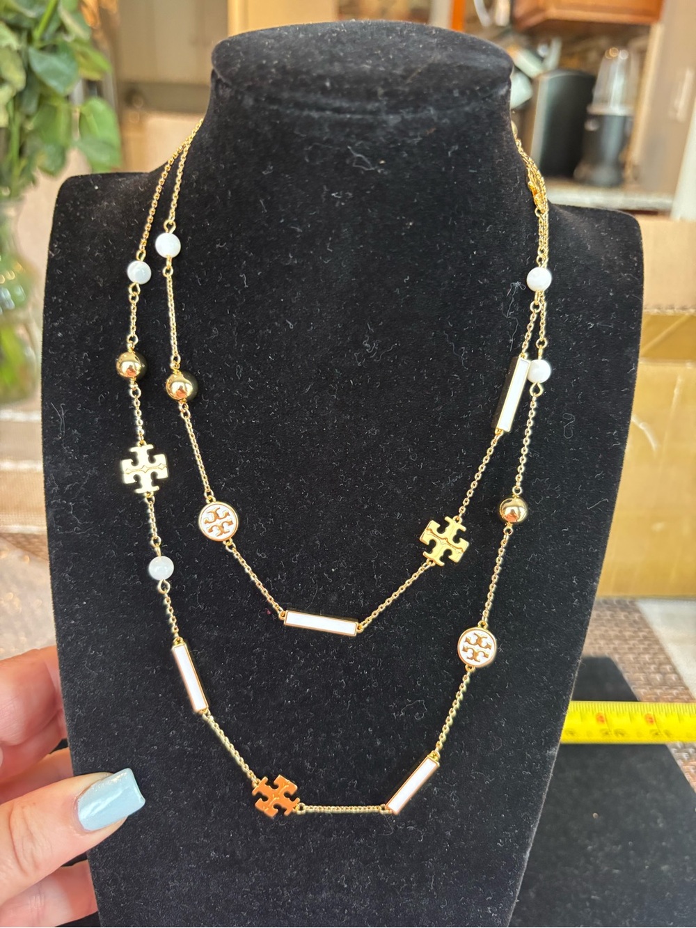 Tory Burch Gold and White Multi-Station Logo Long Necklace